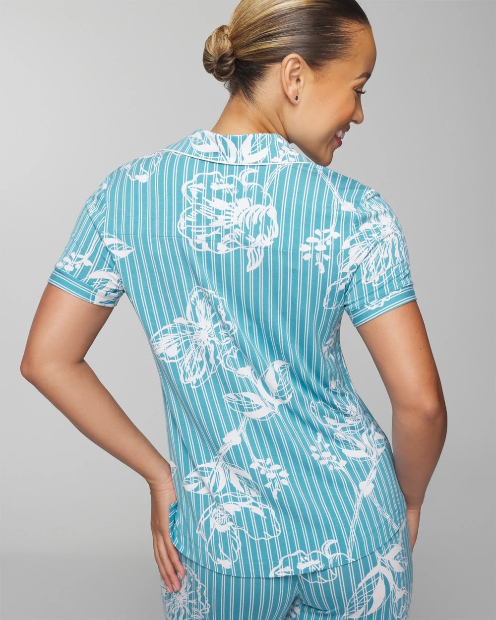 Piped Short Sleeve Notch Collar Pajama Top - PAINTED PETALS SMALL | Soma Women
