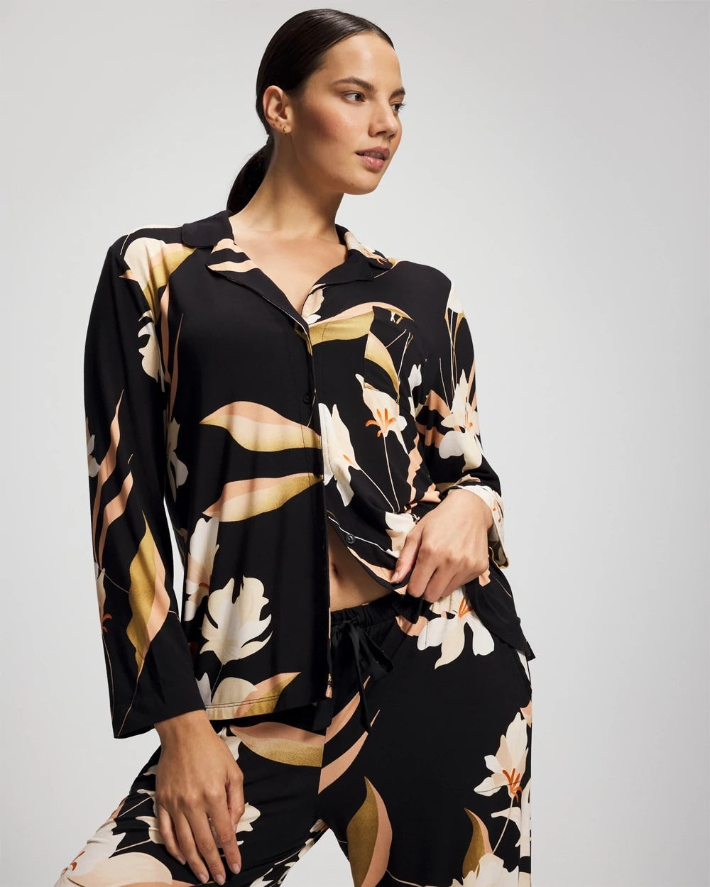 Long-Sleeve Notch Collar Pajama Top - MYSTIC BLOOMS BLACK MID | Soma Women