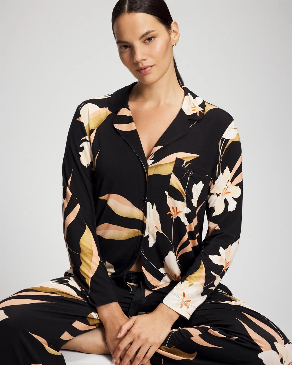 Long-Sleeve Notch Collar Pajama Top - MYSTIC BLOOMS BLACK MID | Soma Women