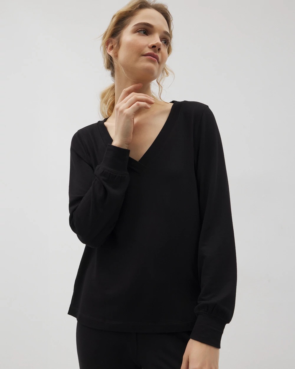 Long-Sleeve V-Neck Pajama Top - BLACK | Soma Women