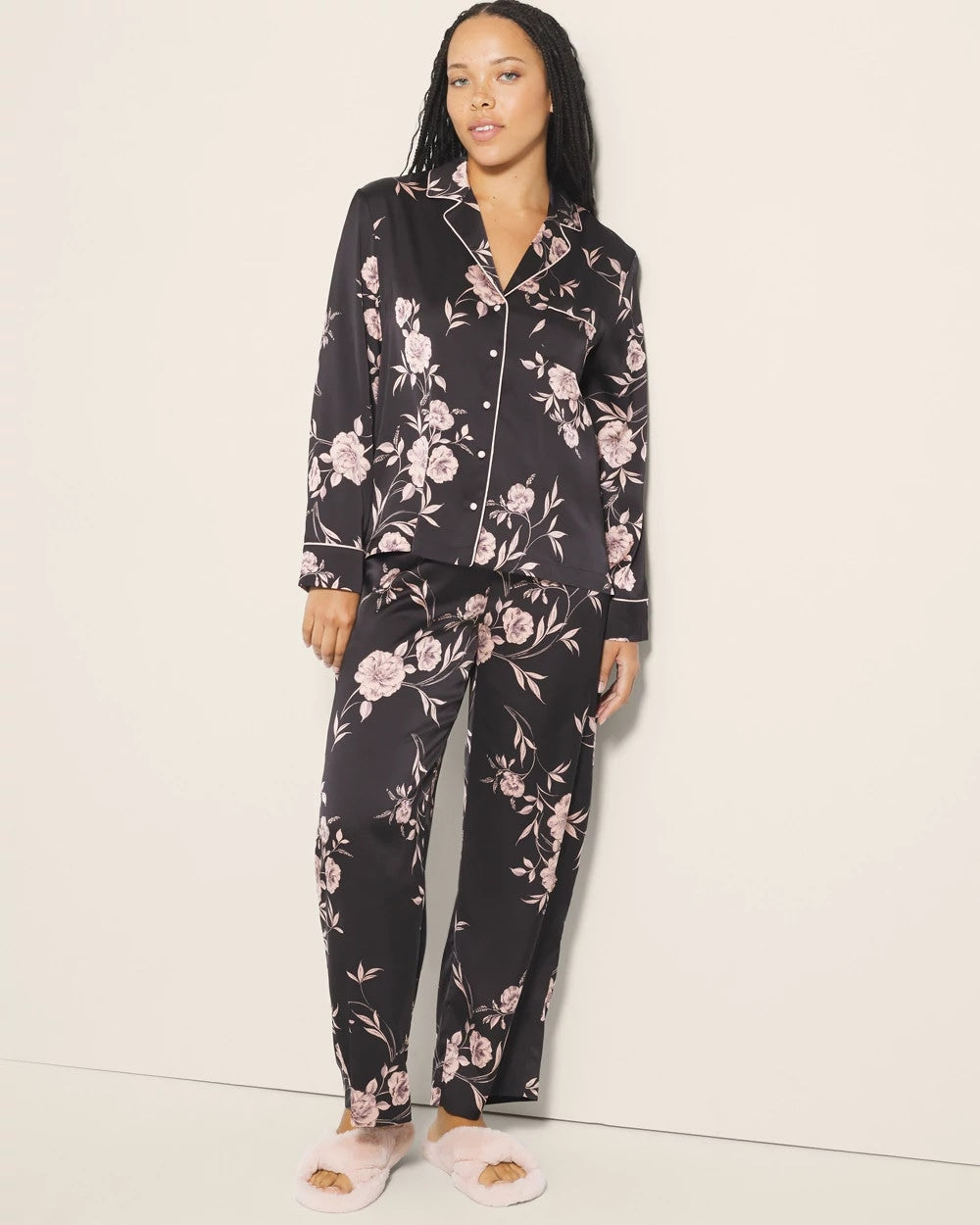 Long-Sleeve Notch Collar Pajama Top - NOSTALGIA FLORA BLACK | Soma Women