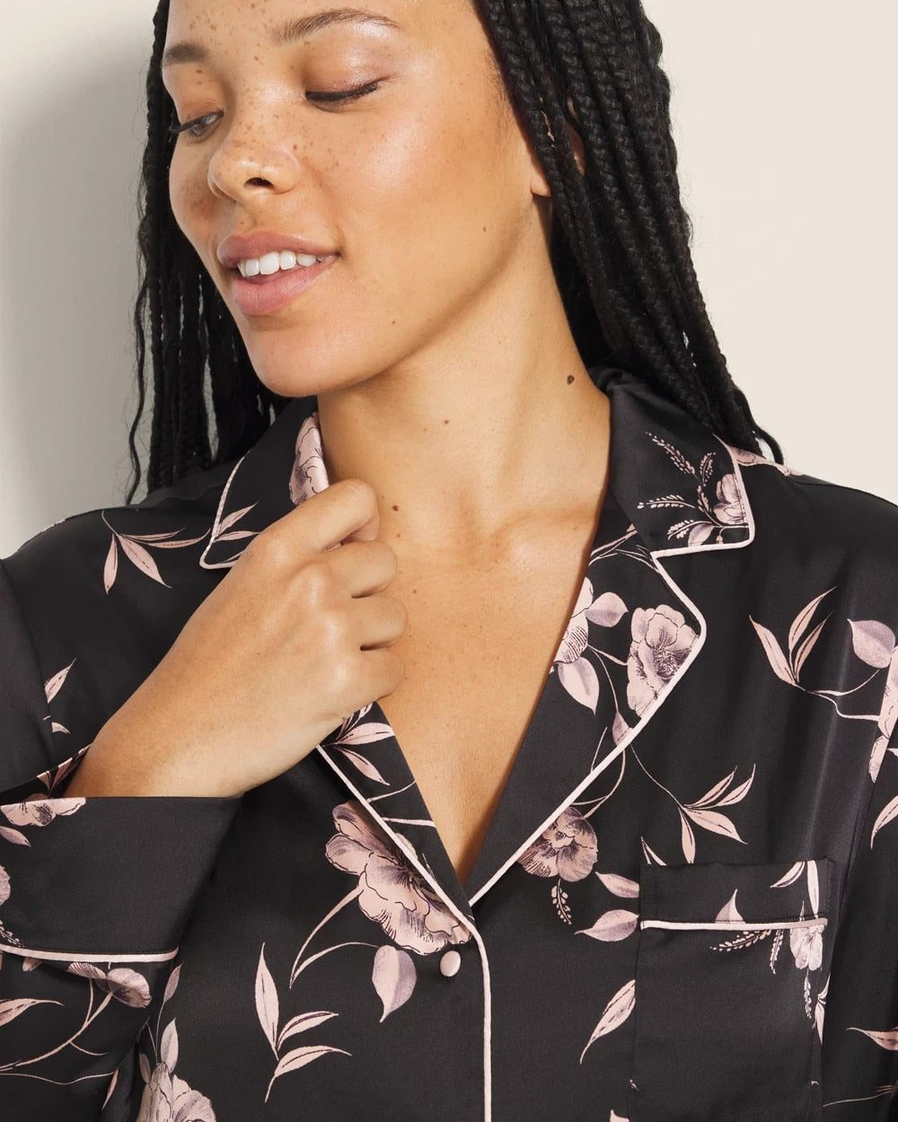 Long-Sleeve Notch Collar Pajama Top - NOSTALGIA FLORA BLACK | Soma Women