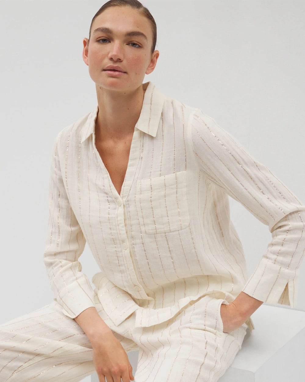 Cotton Gauze Long Sleeve Notch Collar Pajama Top - CHAMPAGNE STRIPE | Soma Women