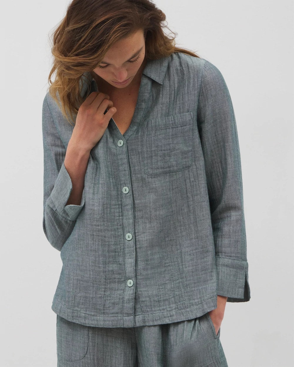 Cotton Gauze Long Sleeve Notch Collar Pajama Top - DARK SEA CROSSDYE | Soma Women