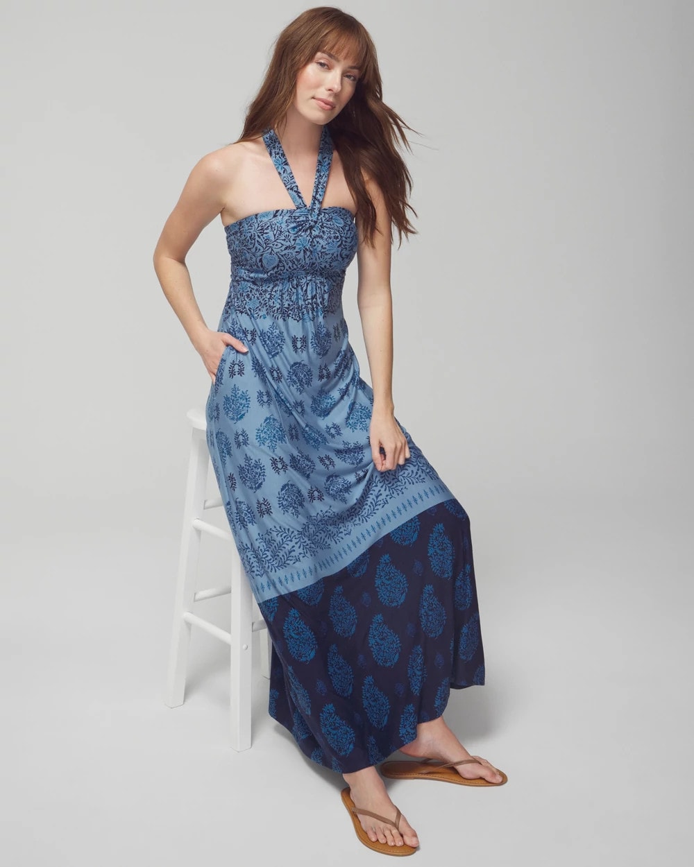 Halter Maxi Bra Dress - BELLA STAMP BORDER BLUE | Soma Women