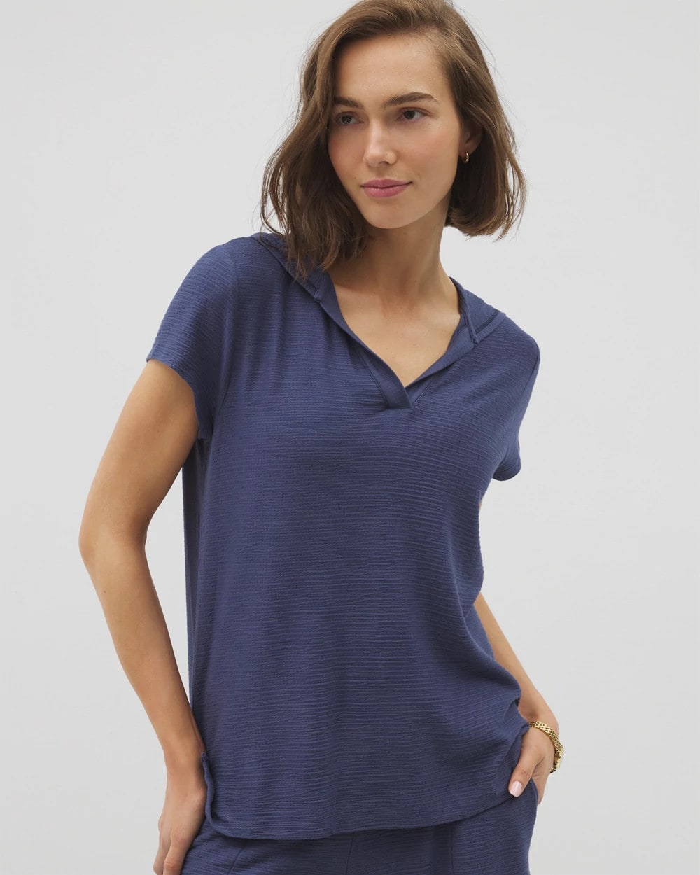 Crinkle Knit Short Sleeve V-Neck Hoodie - LUNAR TIDE | Soma Women