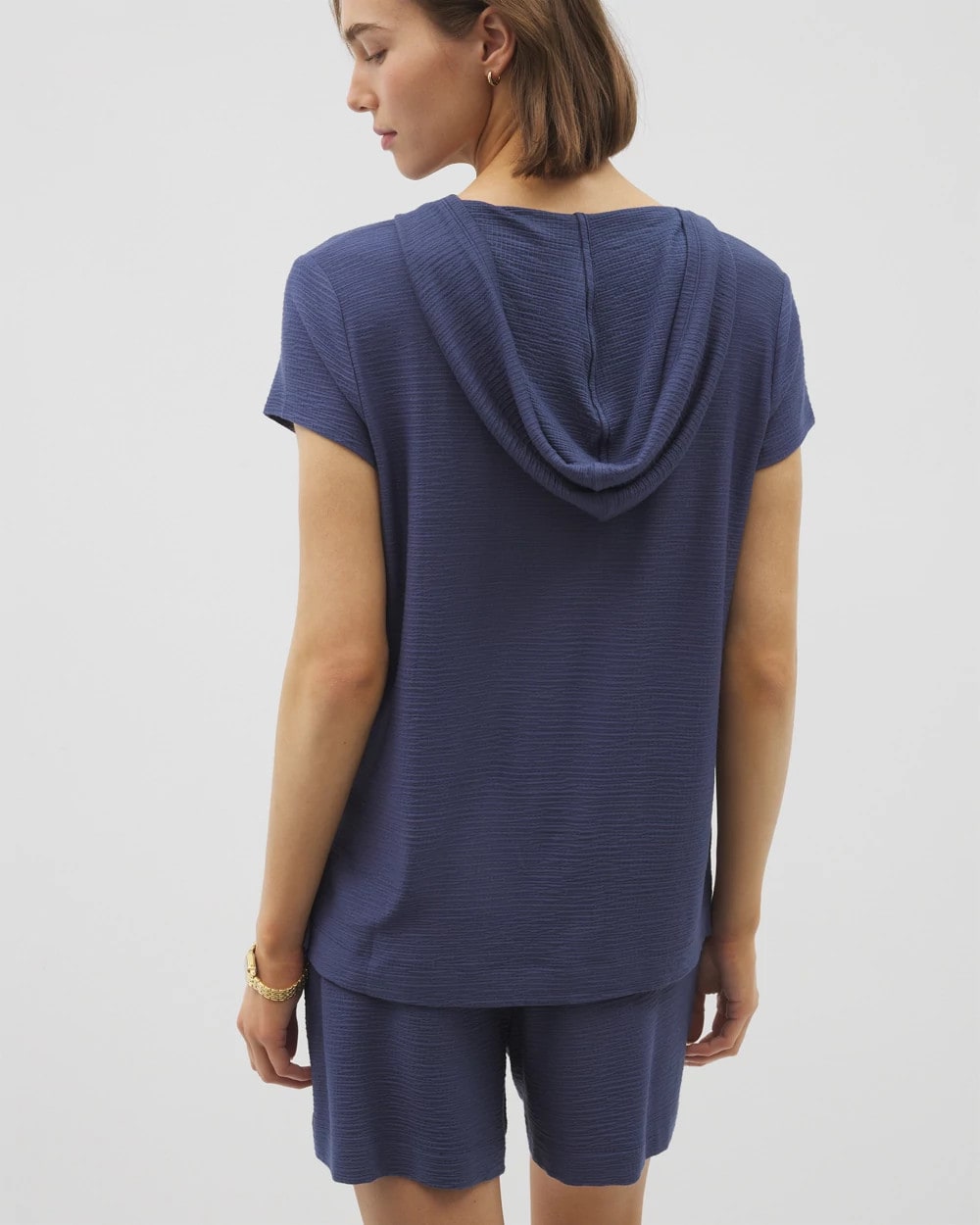 Crinkle Knit Short Sleeve V-Neck Hoodie - LUNAR TIDE | Soma Women