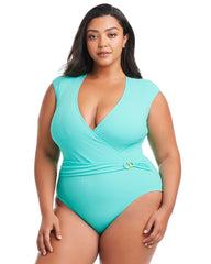 Pique Ole Cap Sleeve Surplice One Piece - TAHITI TEAL | Soma Women